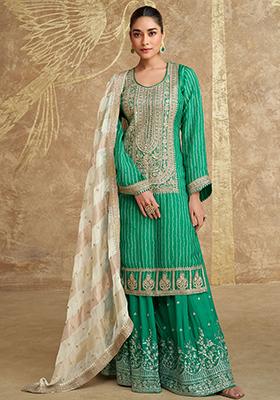 Teal Green Embroidered Chinnon Salwar Kameez