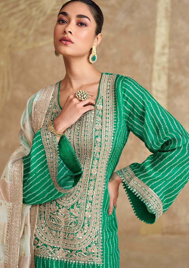 Teal Green Embroidered Chinnon Salwar Kameez