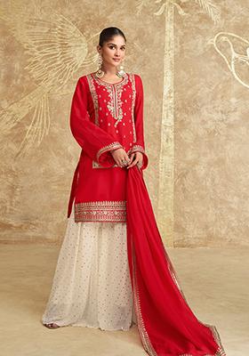 Red Embroidered Chinnon Salwar Kameez