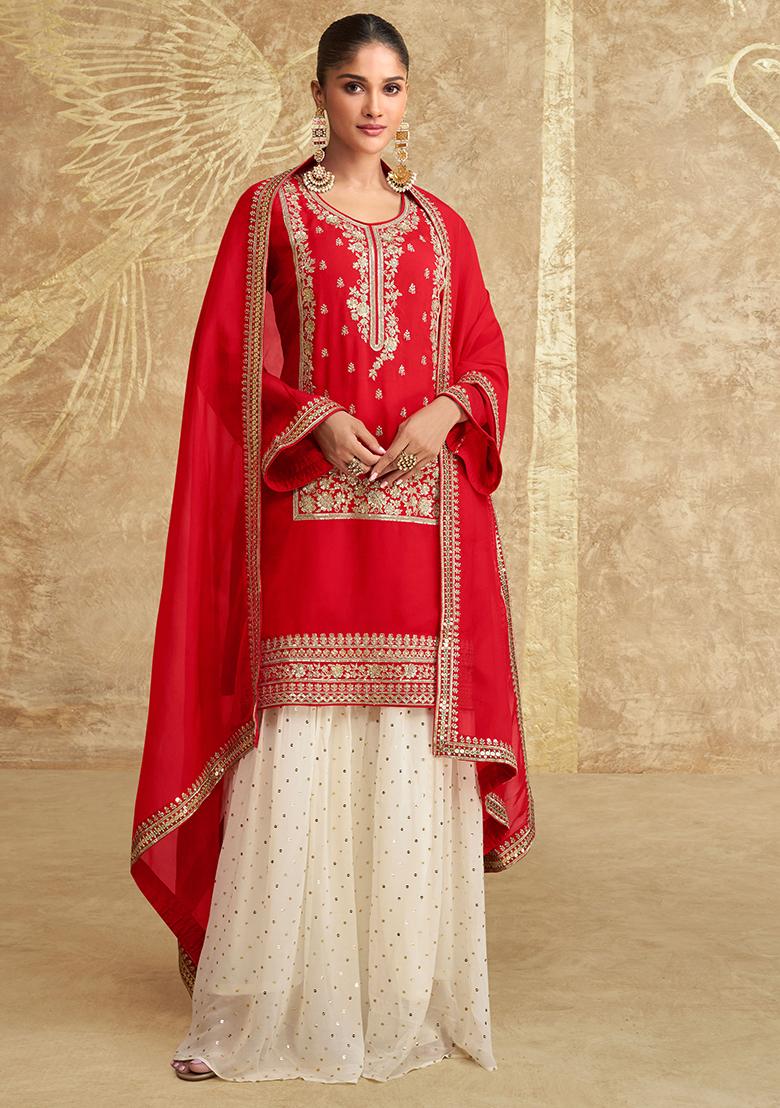 Red Embroidered Chinnon Salwar Kameez