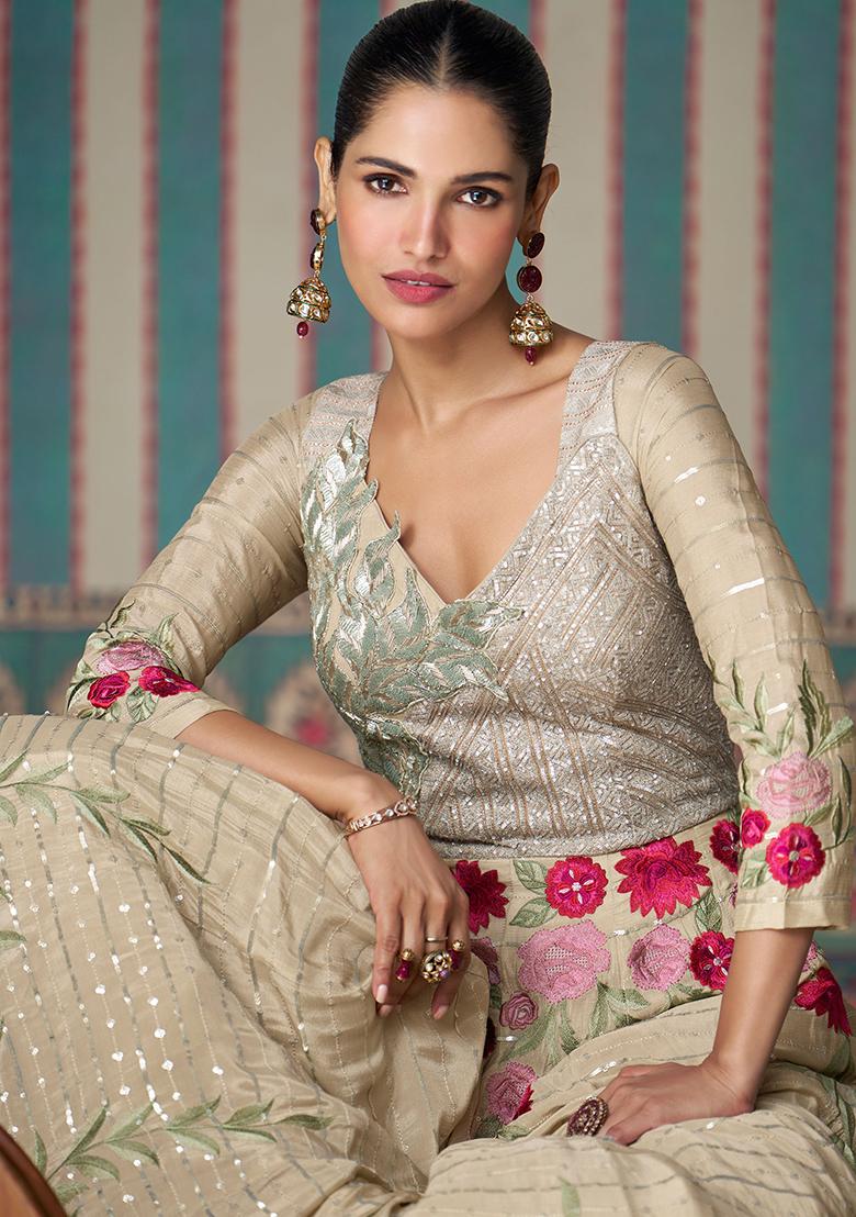 Beige Embroidered Chinnon Salwar Kameez