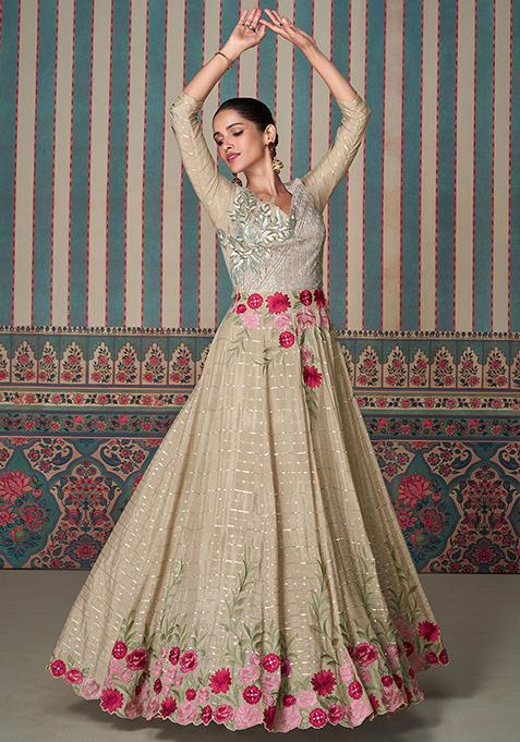 Beige Embroidered Chinnon Salwar Kameez