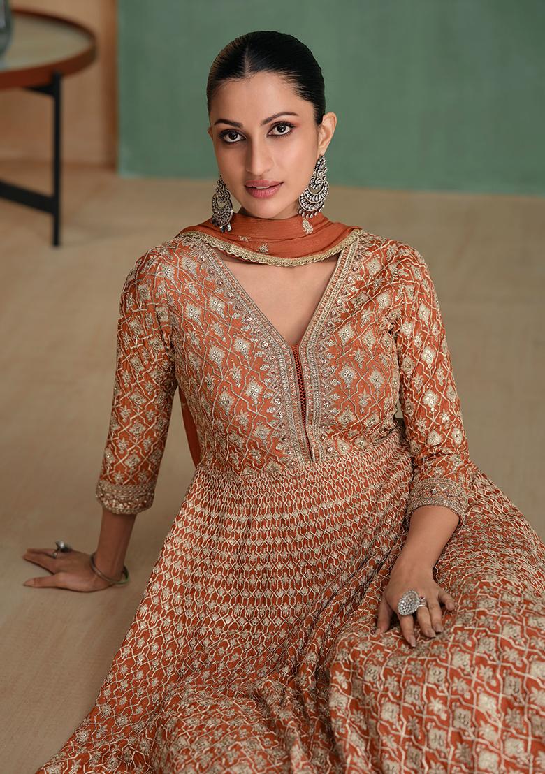 Brown Embroidered Georgette Salwar Kameez