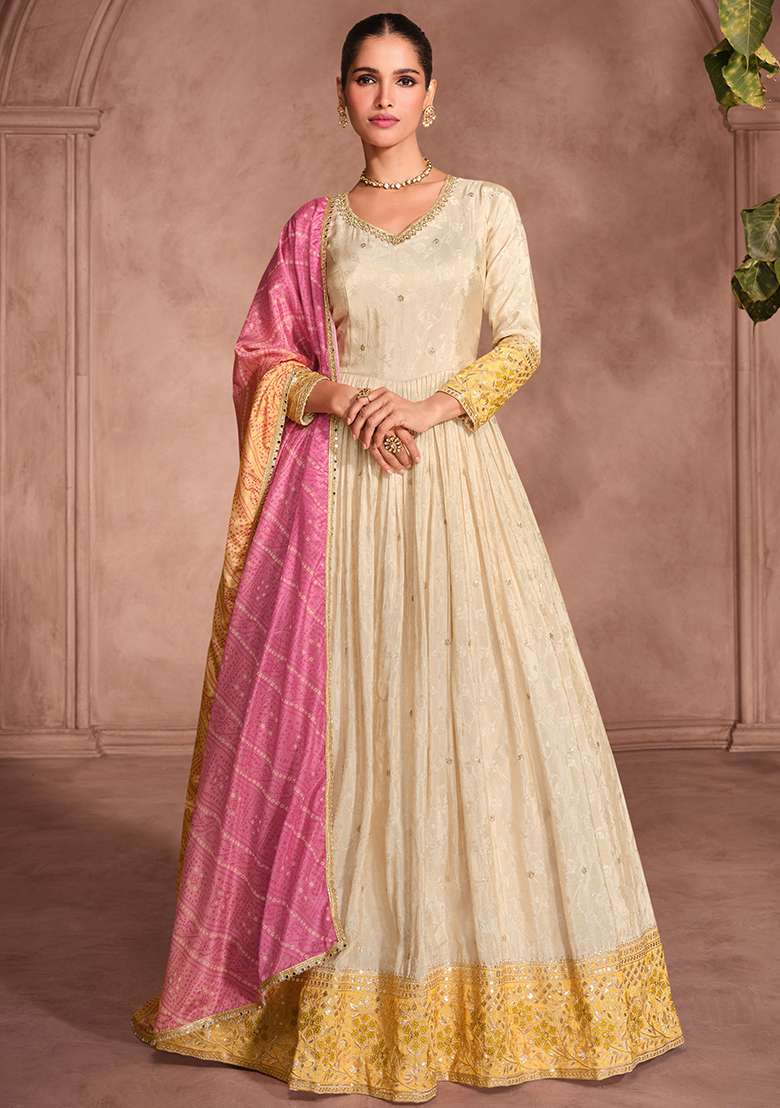 Cream Embroidered Jacquard Anarkali Set - Indya