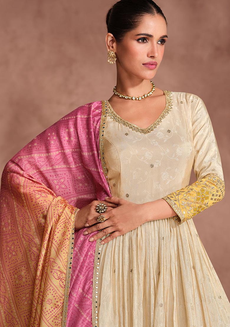 Cream Embroidered Jacquard Salwar Kameez