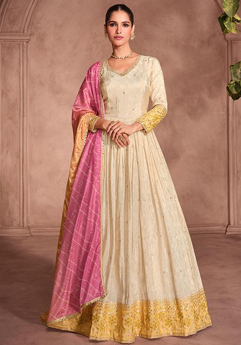 Cream Embroidered Jacquard Salwar Kameez