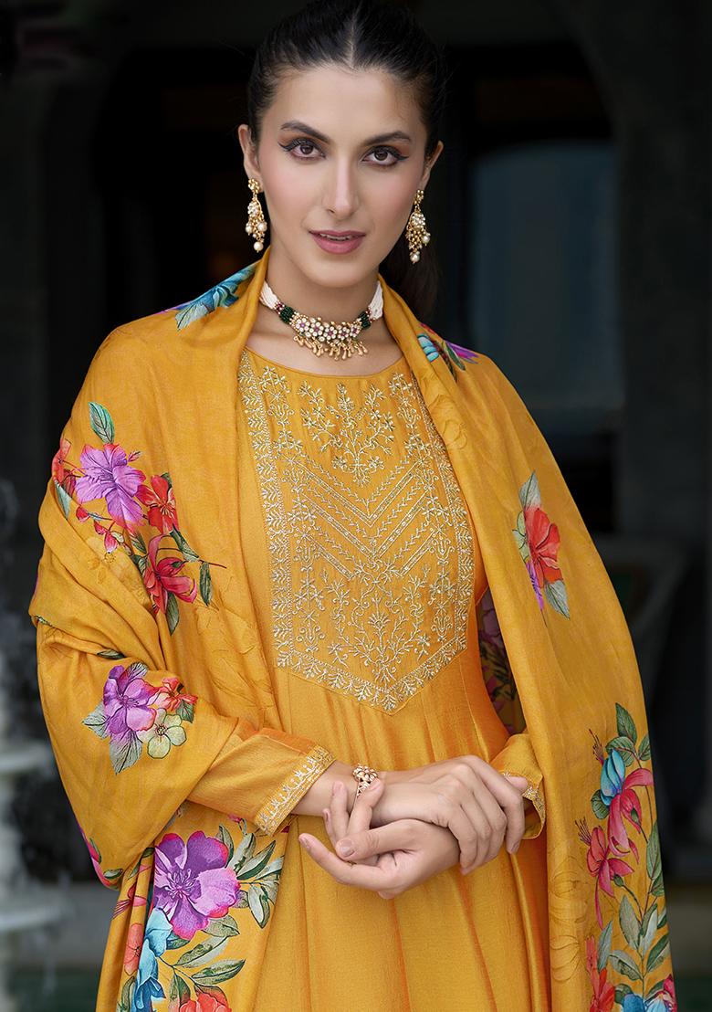 Mustard Embroidered Silk Salwar Kameez