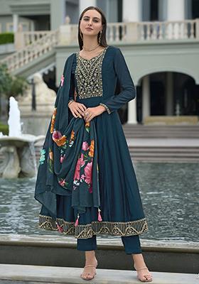 Teal Blue Embroidered Silk Salwar Kameez