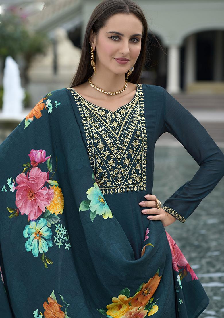 Teal Blue Embroidered Silk Salwar Kameez