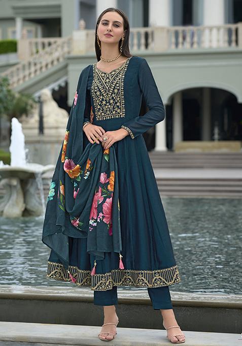 Teal Blue Embroidered Silk Salwar Kameez