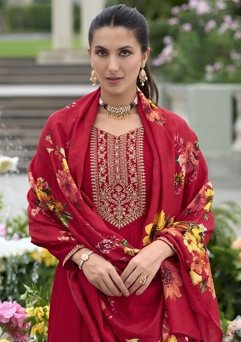 Red Embroidered Silk Salwar Kameez