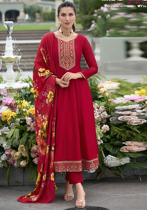Red Embroidered Silk Salwar Kameez