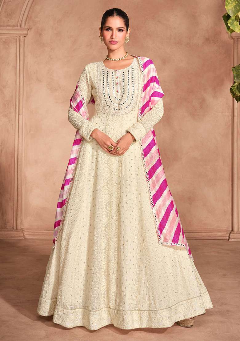 Beige Embroidered Georgette Salwar Kameez - Indya