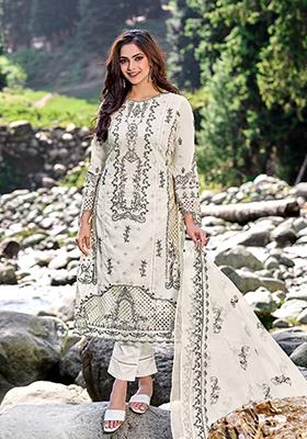 White Embroidered Cotton Pakistani Suit Set