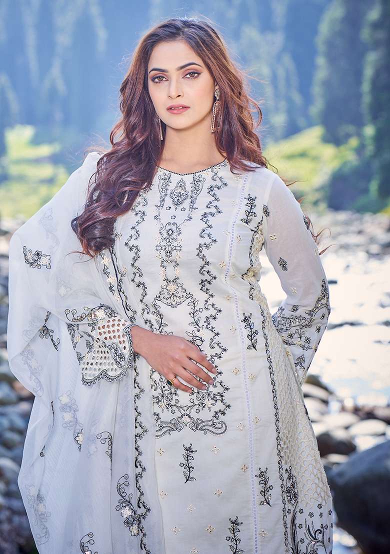 White Embroidered Cotton Pakistani Suit Set - Indya