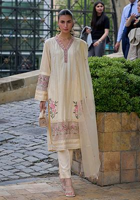 Beige Embroidered Cotton Salwar Kameez
