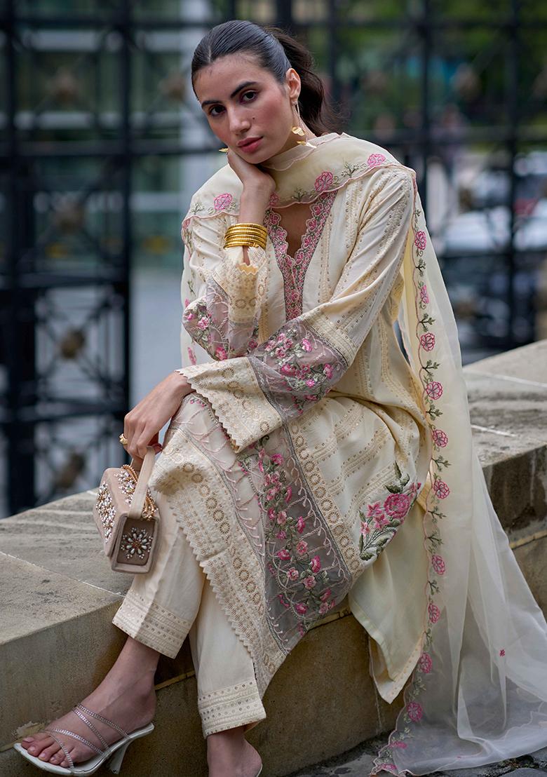 Beige Embroidered Cotton Salwar Kameez