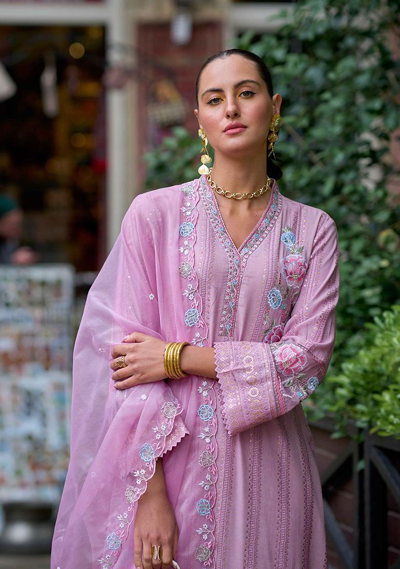 Lilac Embroidered Cotton Salwar Kameez