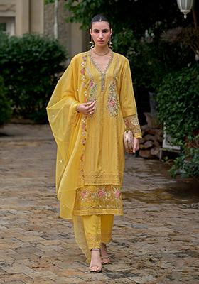Mustard Embroidered Cotton Salwar Kameez