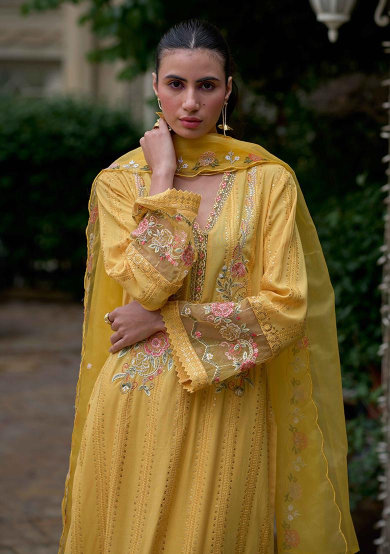 Mustard Embroidered Cotton Salwar Kameez