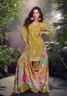 Olive Green Embroidered Chinnon Salwar Kameez