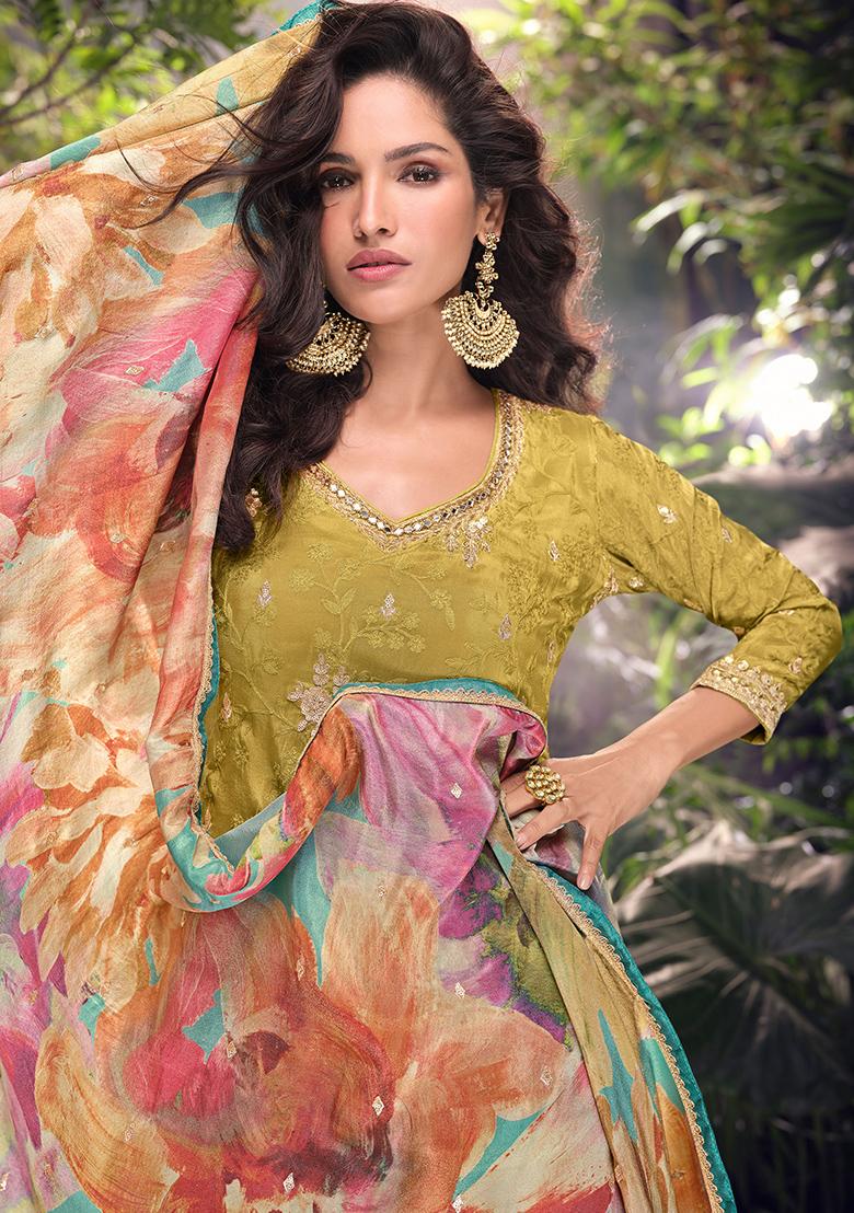 Olive Green Embroidered Chinnon Salwar Kameez