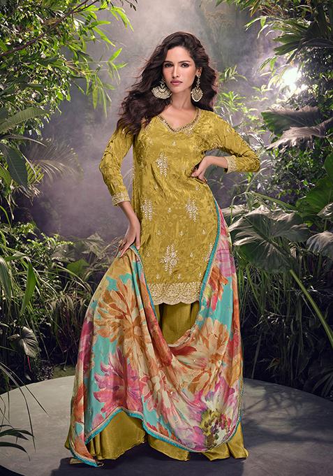 Olive Green Embroidered Chinnon Salwar Kameez