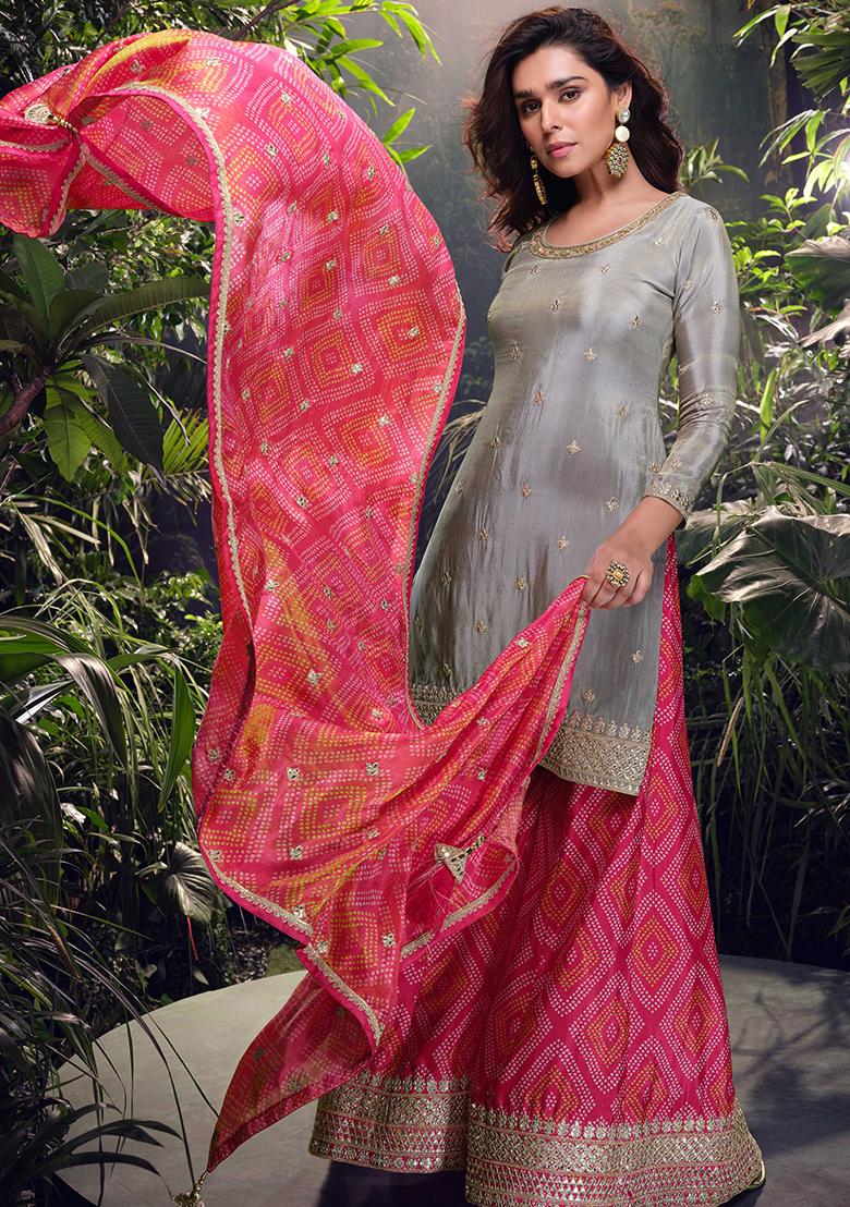 Grey Embroidered Chinnon Salwar Kameez