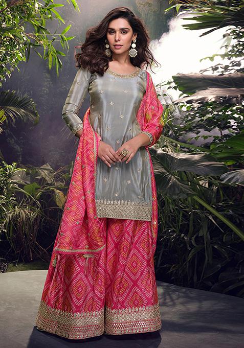 Grey Embroidered Chinnon Salwar Kameez