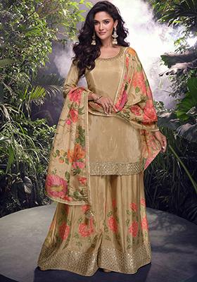 Fawn Yellow Embroidered Chinnon Salwar Kameez