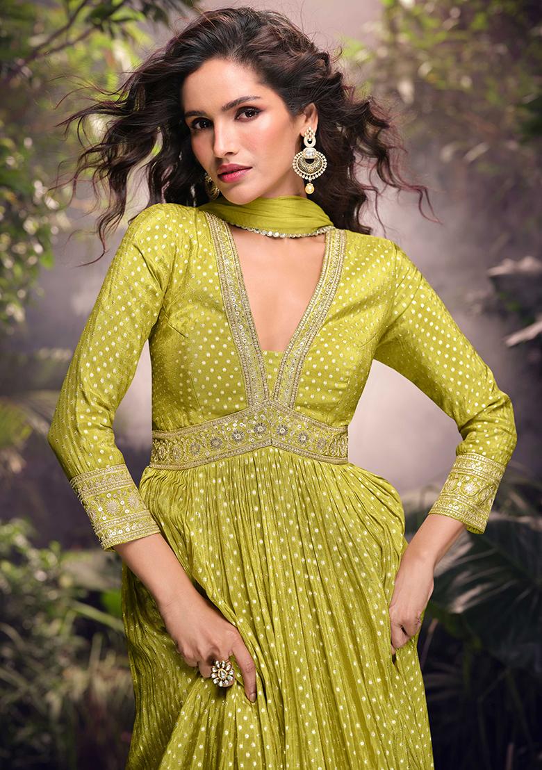Olive Yellow Embroidered Jacquard Salwar Kameez