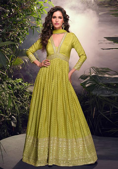 Olive Yellow Embroidered Jacquard Salwar Kameez