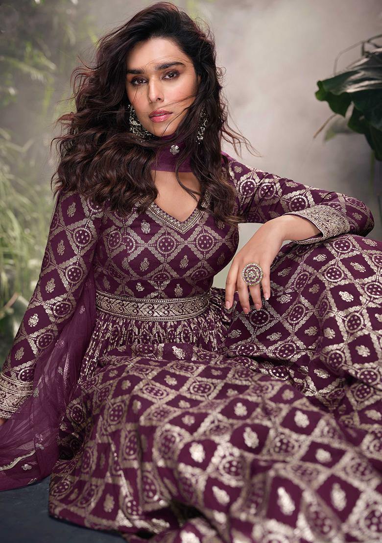 Wine Embroidered Jacquard Salwar Kameez