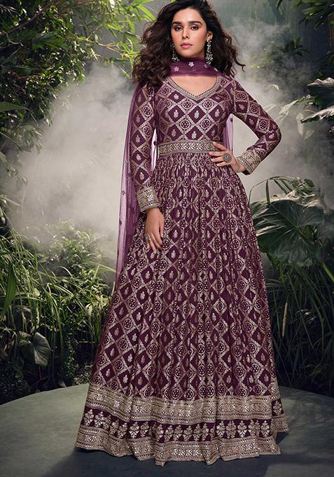 Wine Embroidered Jacquard Salwar Kameez