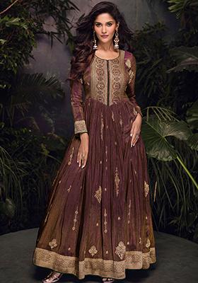 Brown  Embroidered Jacquard Salwar Kameez