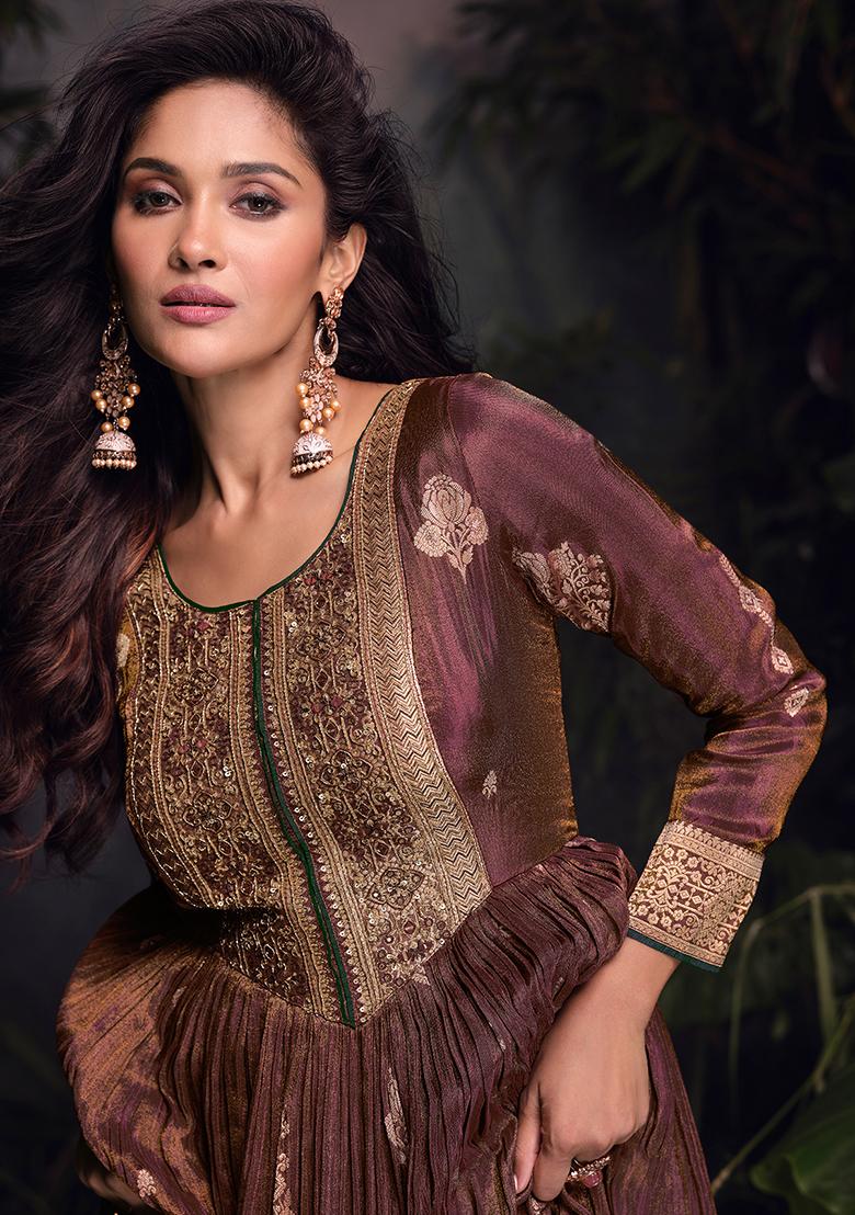 Brown  Embroidered Jacquard Salwar Kameez