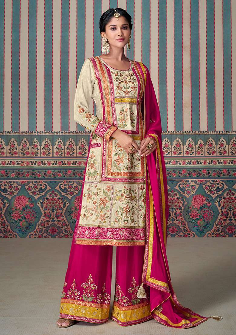 Beige Embroidered Silk Blend Salwar Kameez - Indya