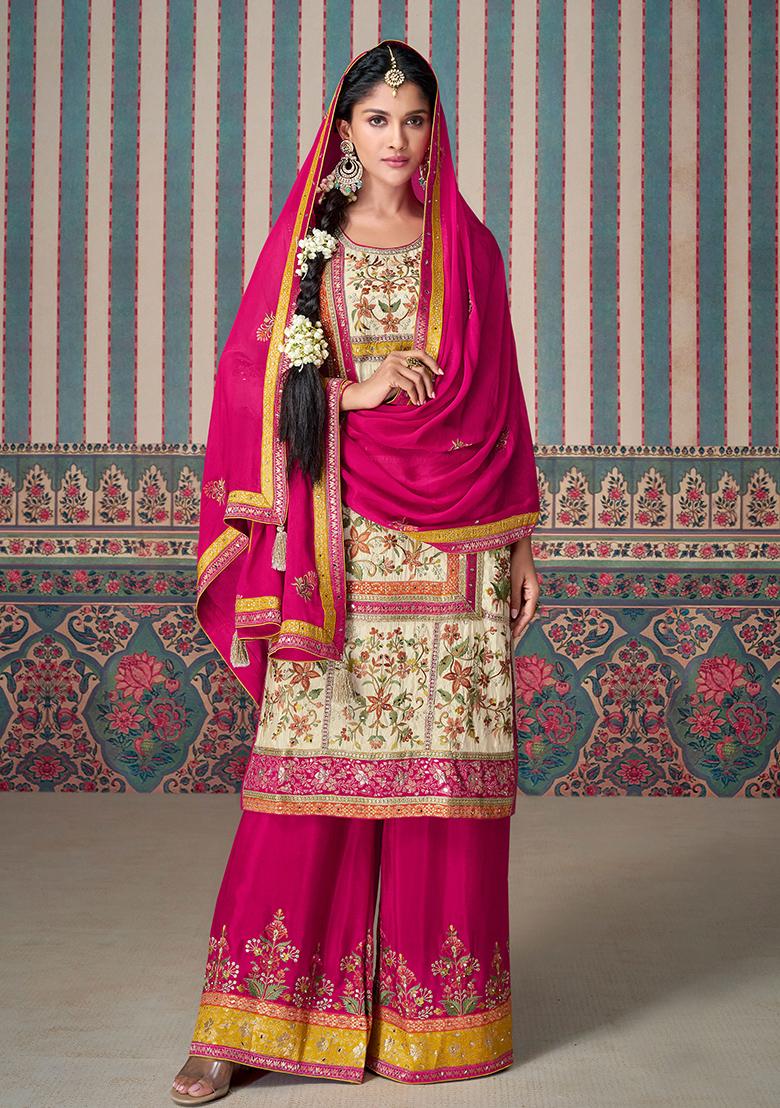 Beige Embroidered Silk Salwar Kameez