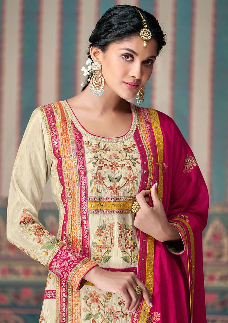 Beige Embroidered Silk Blend Salwar Kameez - Indya
