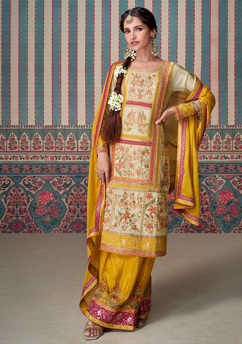 Beige Embroidered Silk Punjabi Suit - Indya