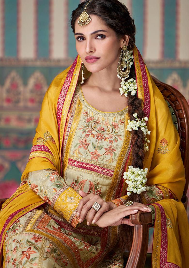 Beige Embroidered Silk Salwar Kameez