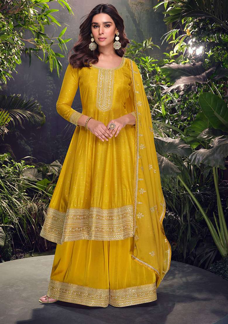 Yellow Embroidered Jacquard Sharara Set - Indya
