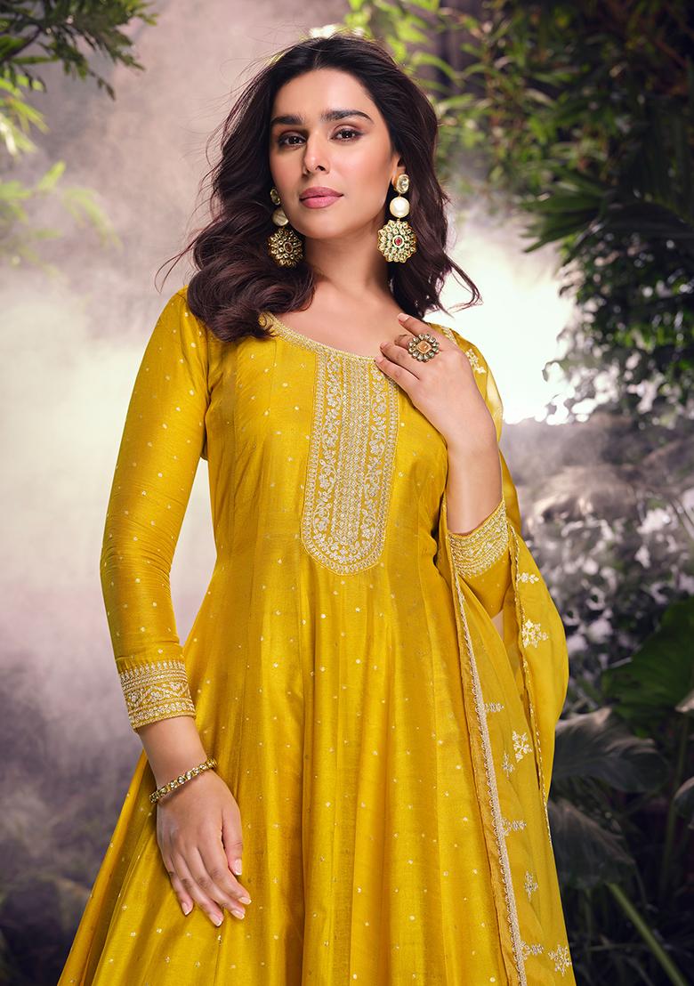 Yellow Embroidered Jacquard Salwar Kameez