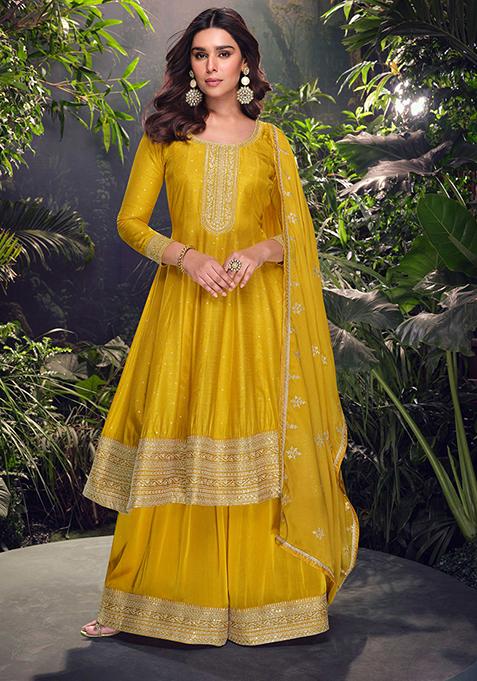 Yellow Embroidered Jacquard Salwar Kameez