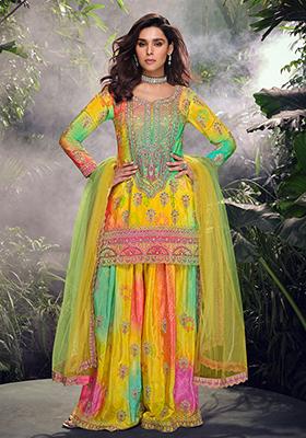 Yellow Embroidered Chinnon Salwar Kameez