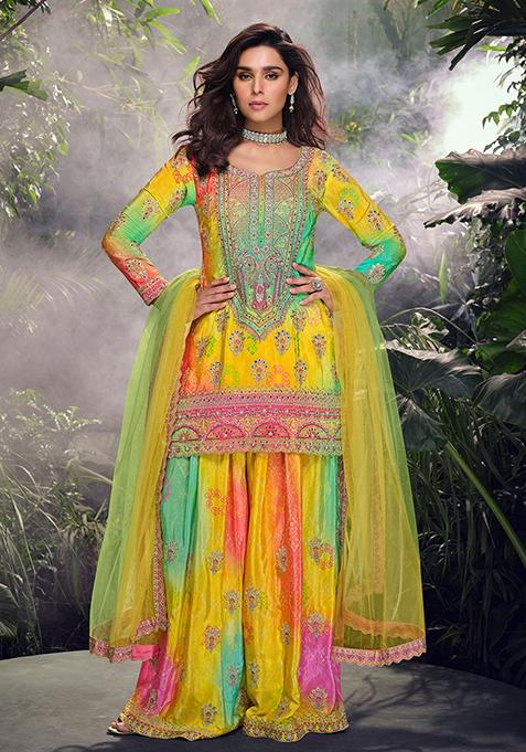 Yellow Embroidered Chinnon Salwar Kameez