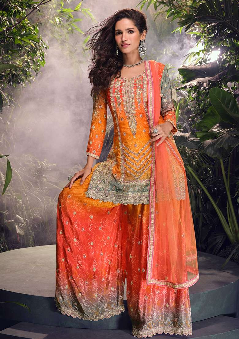 Orange Embroidered Chinon Sharara Set - Indya