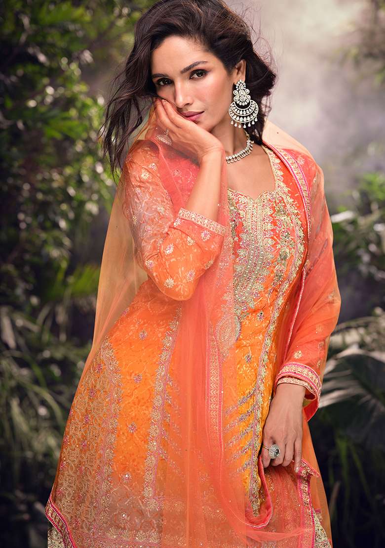 Orange Embroidered Chinon Sharara Set - Indya