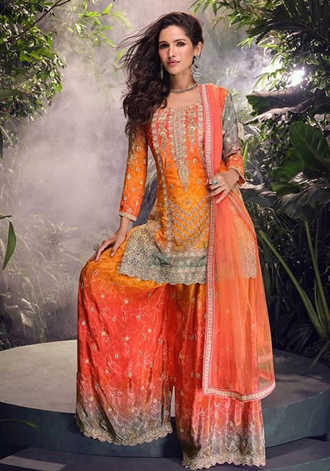 Orange Embroidered Chinnon Salwar Kameez