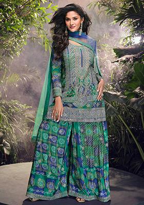 Blue  Embroidered Chinnon Salwar Kameez